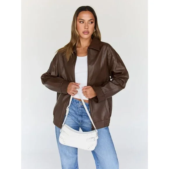 Women's Leather Bomber Moto Coat Jacket Brown Trendy Queen Statement Piece